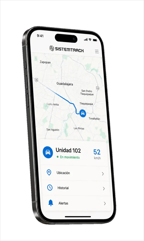 La app móvil de Sistemtrack mostrando el mapa de la flota en un celular