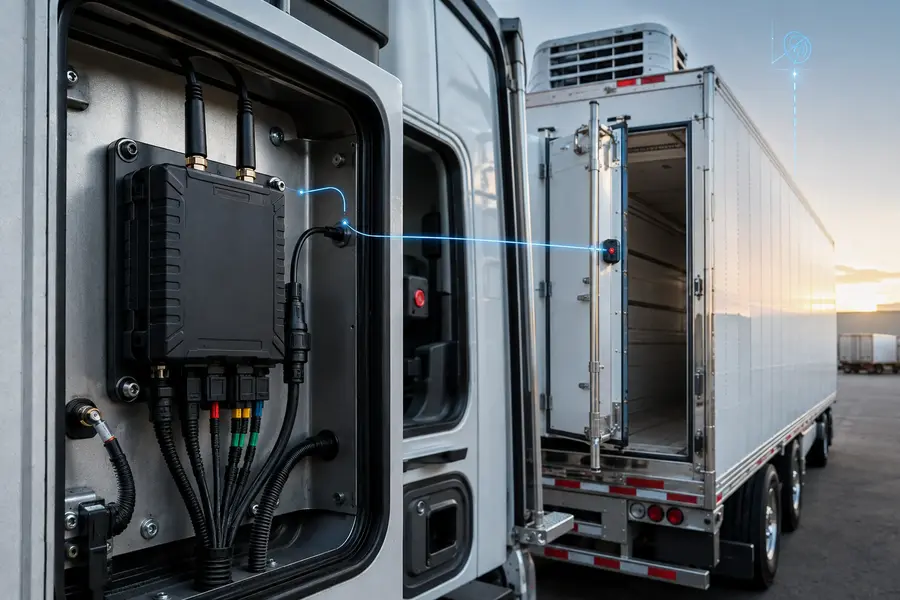 Equipo GPS avanzado con sensores instalado en la cabina de un camión de carga refrigerada
